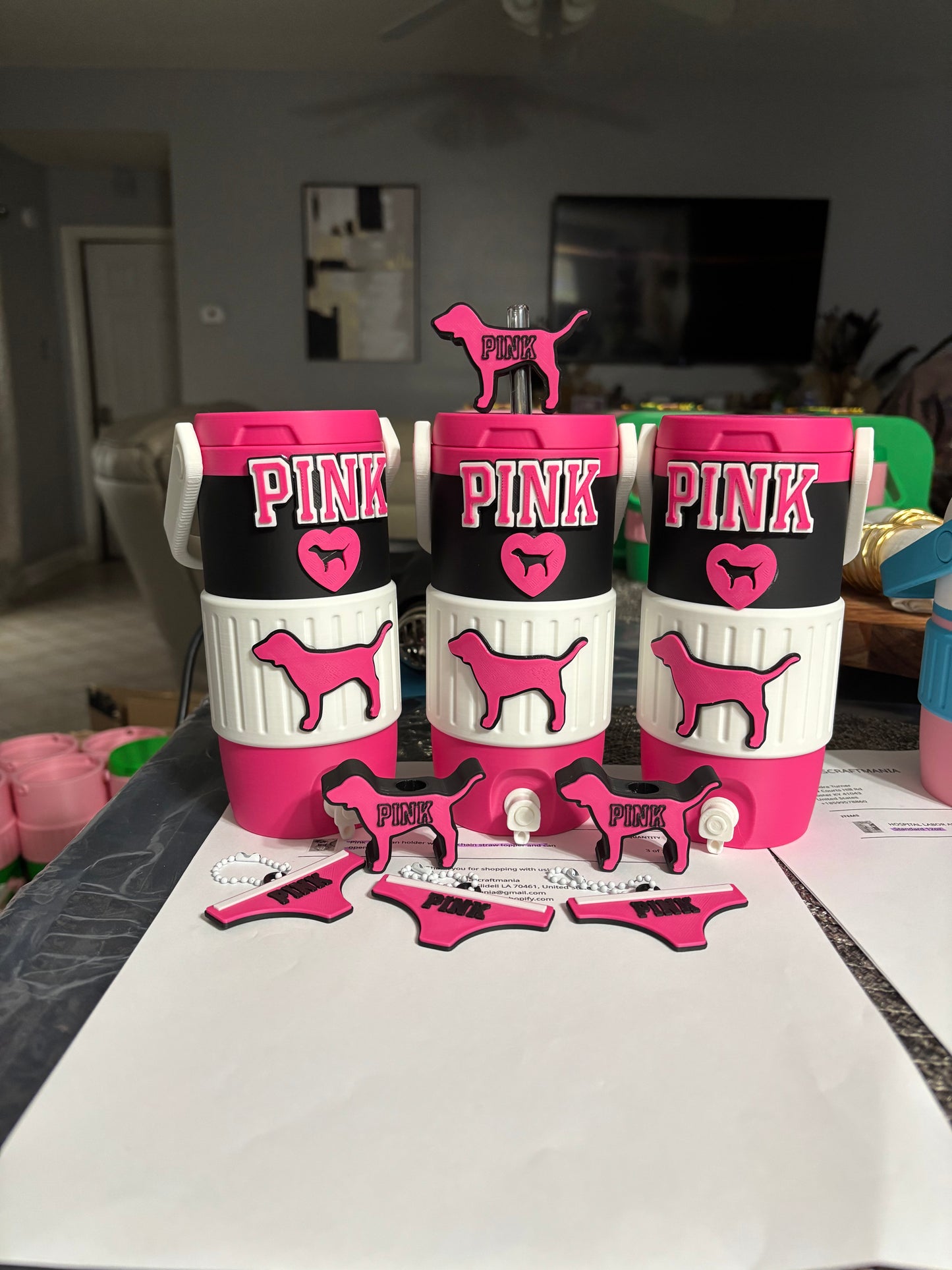 Pink 12oz can holder with keychain straw topper