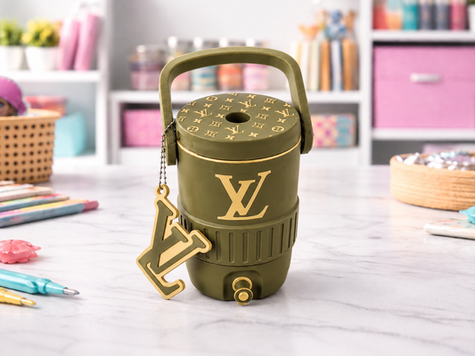 Designer 12oz can holder with straw topper and keychain tab opener