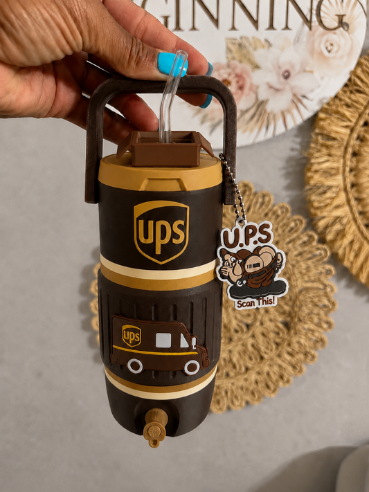 UPS Delivery cooler with keychain and straw topper