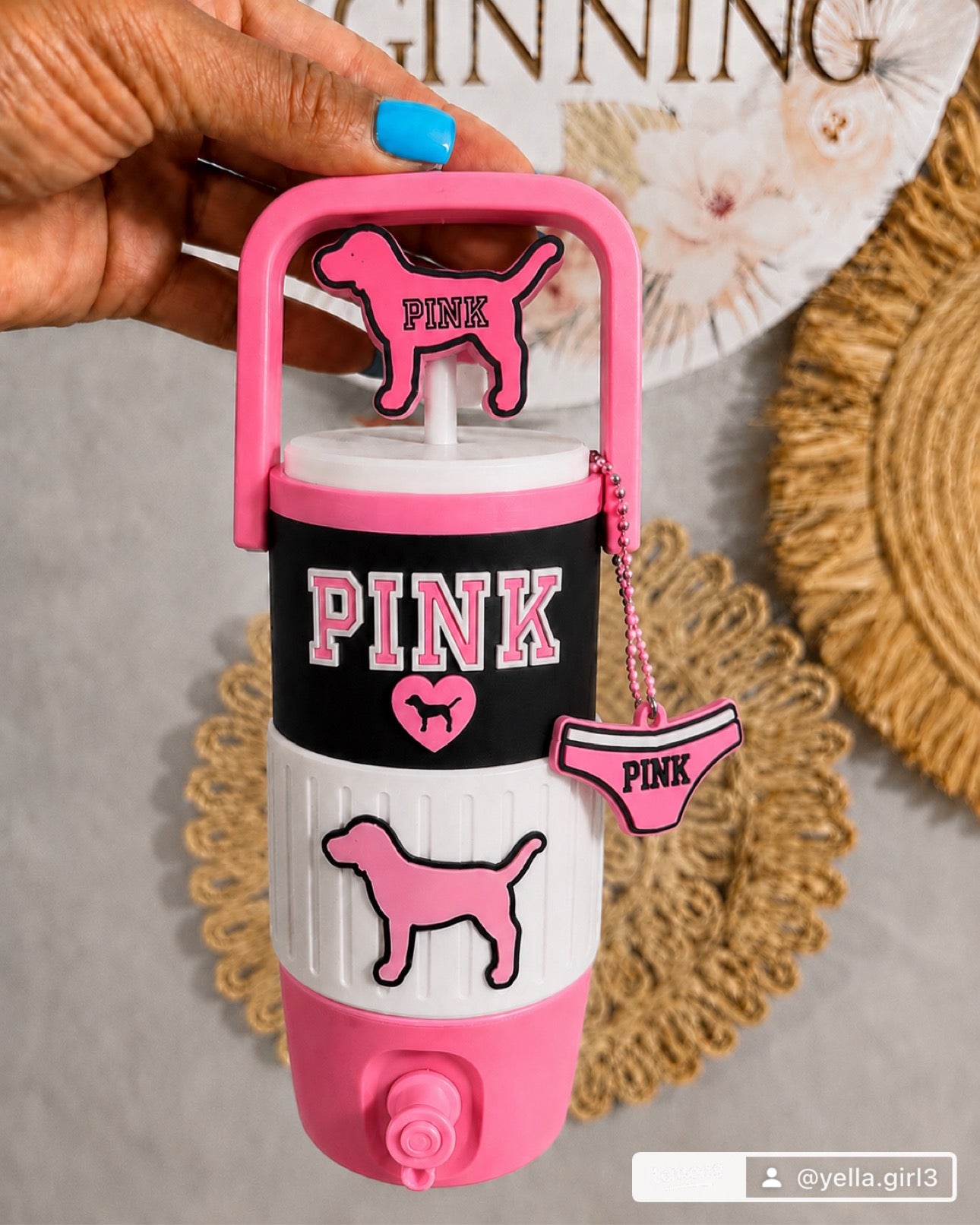 Pink 12oz can holder with keychain straw topper and can opener
